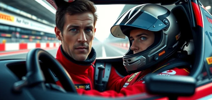 Portrait photorealiste d'un pilote de course Nicolas Prost, reflétant son héritage et ses aspirations personnelles.
