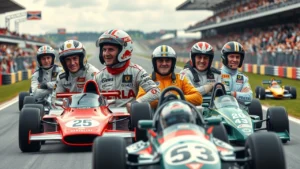 Une illustration photoréaliste de pilotes légendaires de la Formule 1 sur un circuit de course.