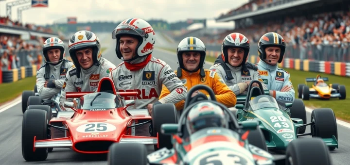 Une illustration photoréaliste de pilotes légendaires de la Formule 1 sur un circuit de course.