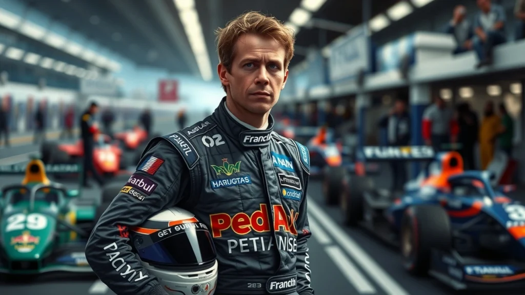 Portrait photorealiste d'un pilote de course, Nicolas Prost, entre héritage familial et ambitions personnelles.