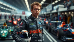 Portrait photorealiste d'un pilote de course, Nicolas Prost, entre héritage familial et ambitions personnelles.