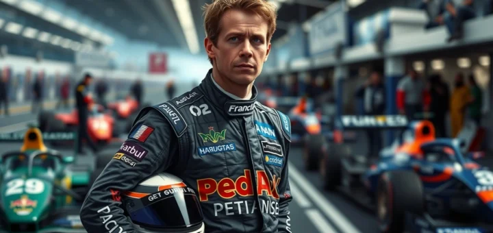 Portrait photorealiste d'un pilote de course, Nicolas Prost, entre héritage familial et ambitions personnelles.