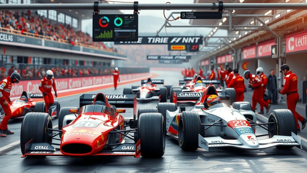 Une scène photoréaliste montrant un arrêt au stand de Formule 1 avec des technologies modernes.