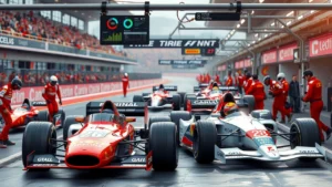 Une scène photoréaliste montrant un arrêt au stand de Formule 1 avec des technologies modernes.