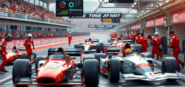 Une scène photoréaliste montrant un arrêt au stand de Formule 1 avec des technologies modernes.