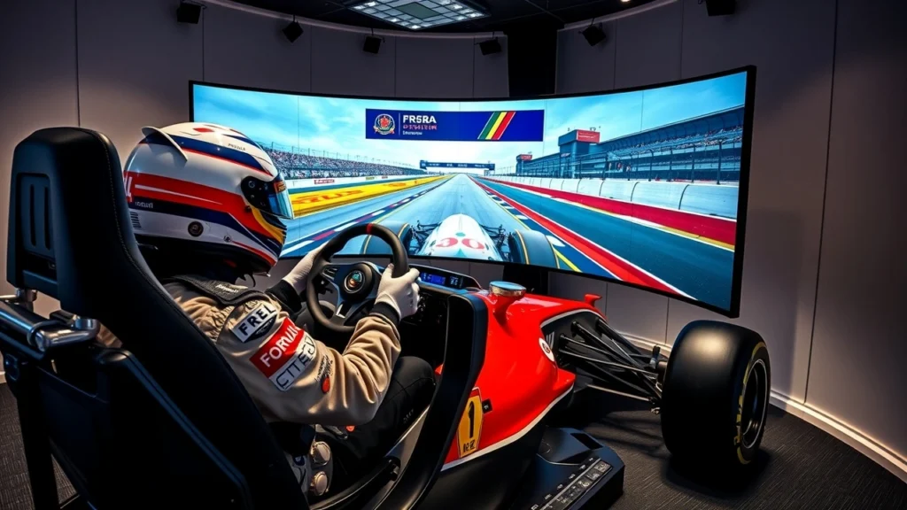 Un simulateur de conduite de Formule 1 en action, avec un pilote en tenue sur un circuit virtuel.