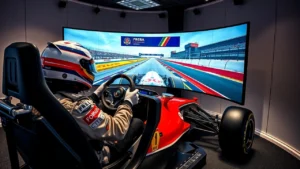 Un simulateur de conduite de Formule 1 en action, avec un pilote en tenue sur un circuit virtuel.