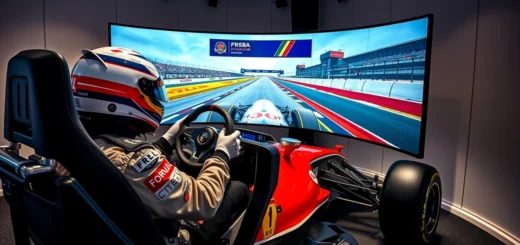 Un simulateur de conduite de Formule 1 en action, avec un pilote en tenue sur un circuit virtuel.