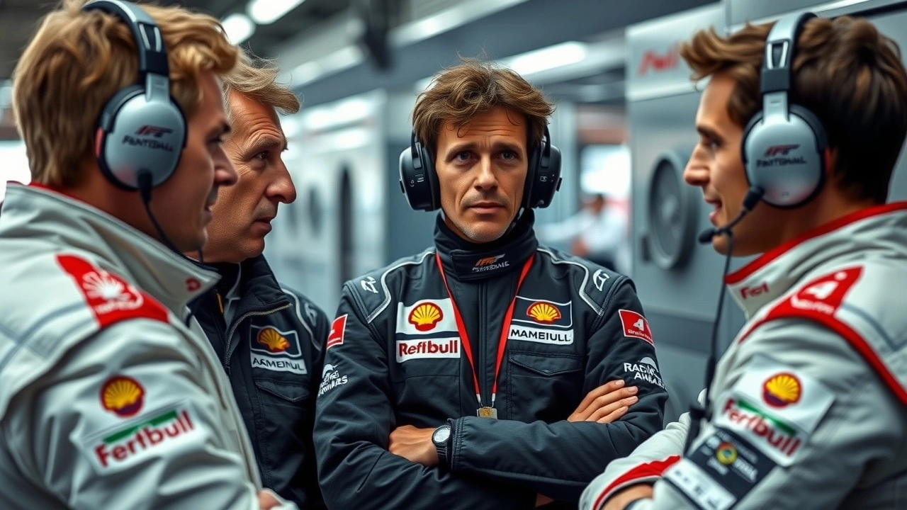 Alain Prost en discussion avec des jeunes pilotes de F1