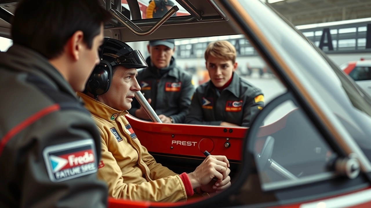 Alain Prost et jeunes pilotes en discussion