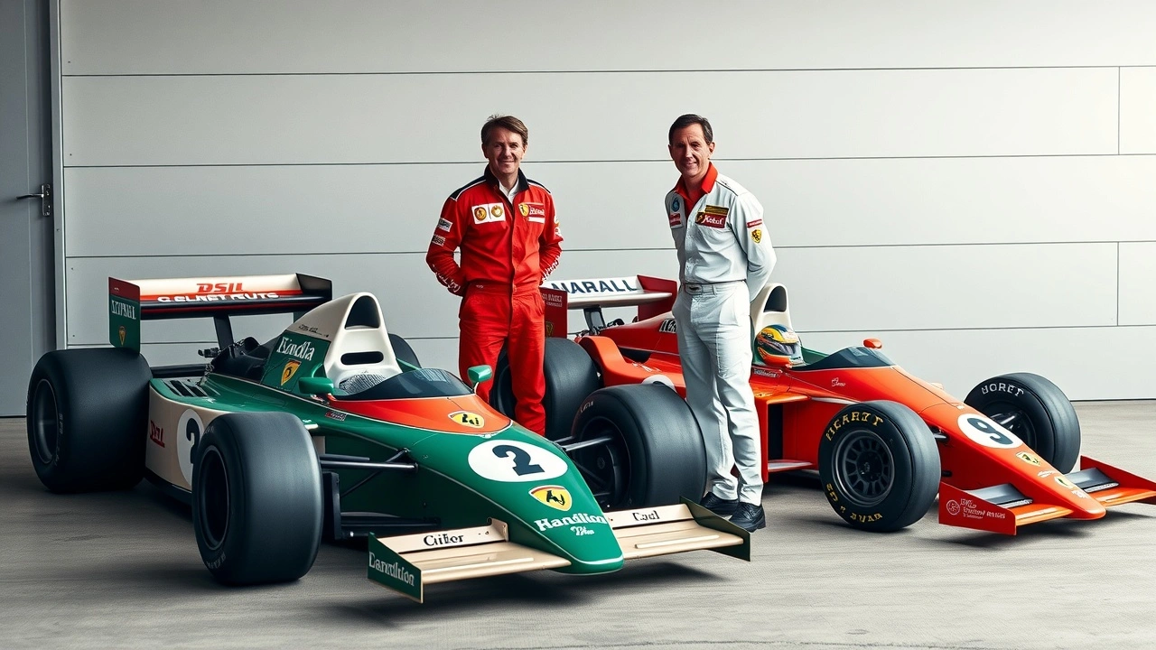 Alain Prost et Niki Lauda devant leurs voitures de F1