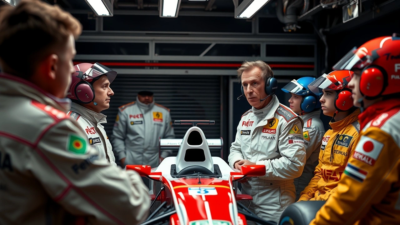 Alain Prost discute avec de jeunes pilotes en garage