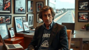 Alain Prost dans un bureau moderne réagissant aux rumeurs sur son rôle en Formule 1