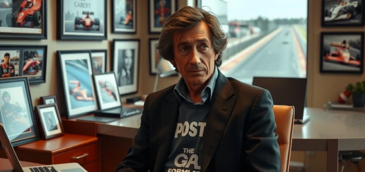 Alain Prost dans un bureau moderne réagissant aux rumeurs sur son rôle en Formule 1