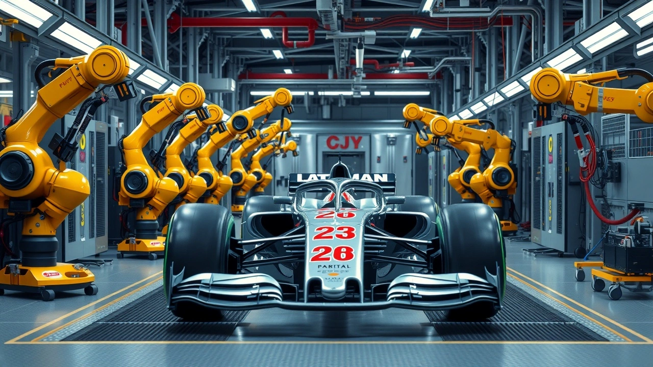 station d'assemblage de voiture F1 avec bras robotiques