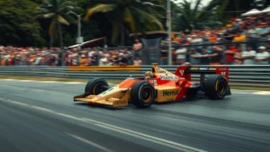 Une représentation photoréaliste de l'esprit indomptable d'Ayrton Senna dans une course de Formule 1.
