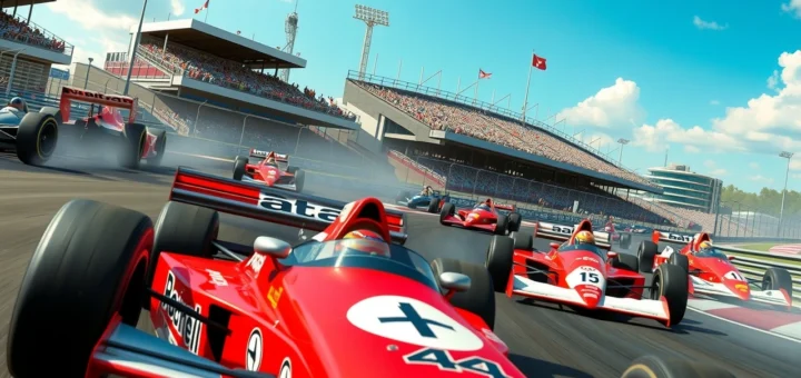Une illustration photoréaliste d'Ayrton Senna en compétition avec ses rivaux, capturant l'intensité des courses de Formule 1.