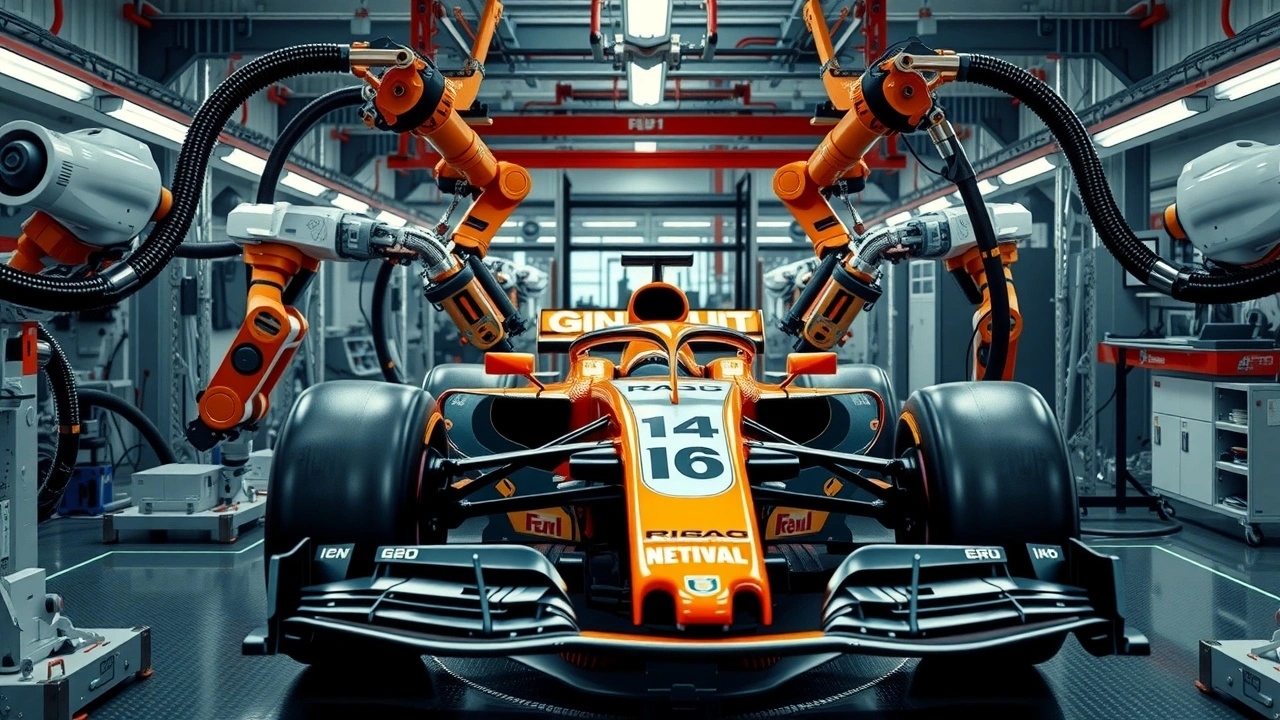bras robotisés assemblant une voiture de F1 moderne
