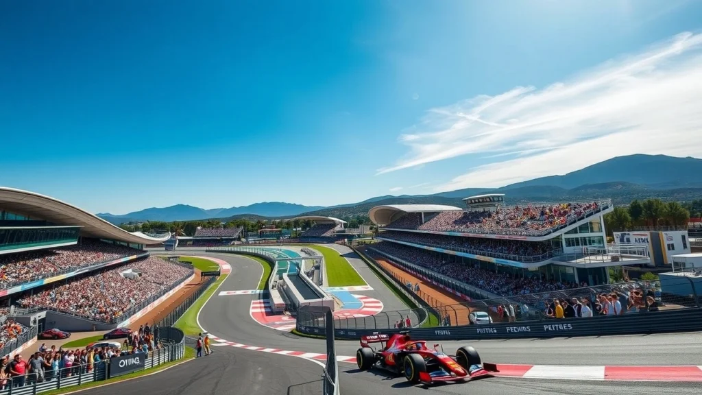 Une illustration du circuit de Barcelone avec une voiture de Formule 1 en action.