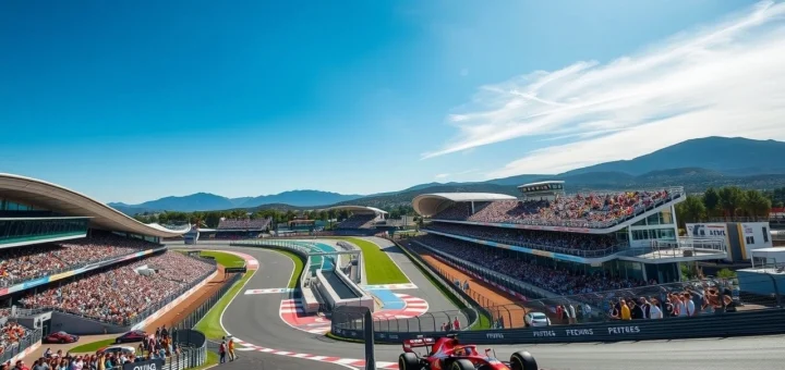 Une illustration du circuit de Barcelone avec une voiture de Formule 1 en action.