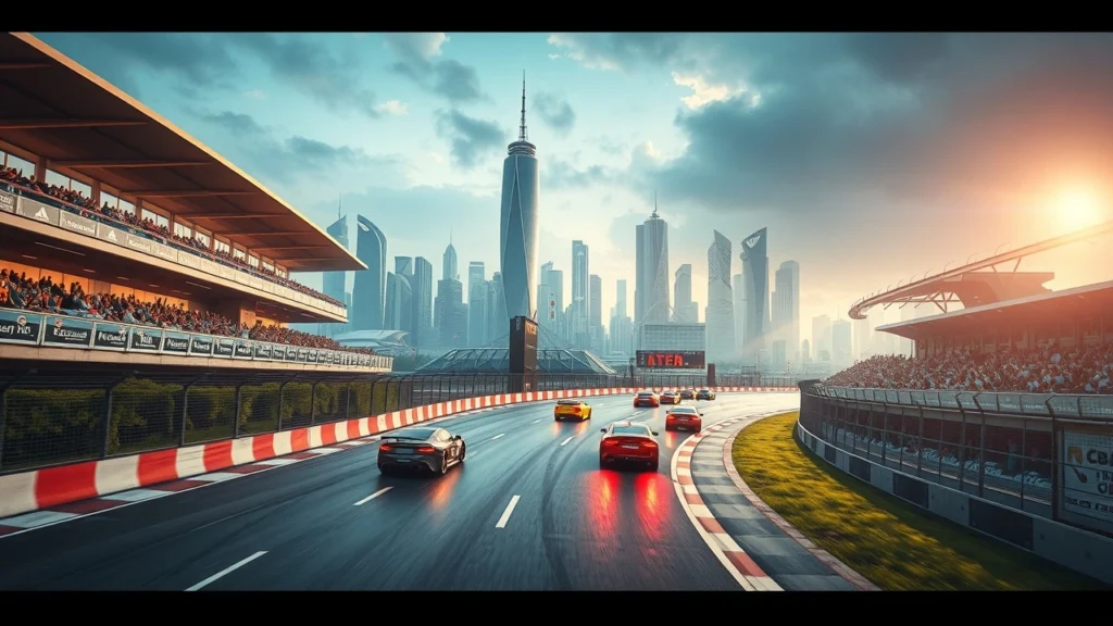 Une scène photoréaliste illustrant une course sur un circuit urbain moderne avec des voitures de course et une ville futuriste.