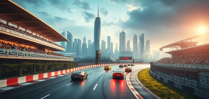 Une scène photoréaliste illustrant une course sur un circuit urbain moderne avec des voitures de course et une ville futuriste.