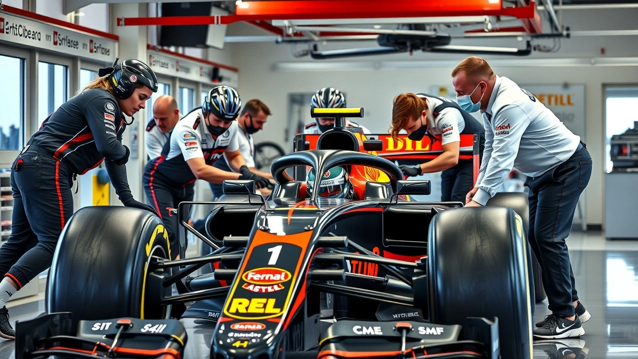 équipe de Formule 1 diverse travaillant sur une voiture de course