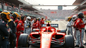 Une équipe de Formule 1 diversifiée lors d'un arrêt au stand, mettant en évidence la collaboration entre membres de différentes cultures.
