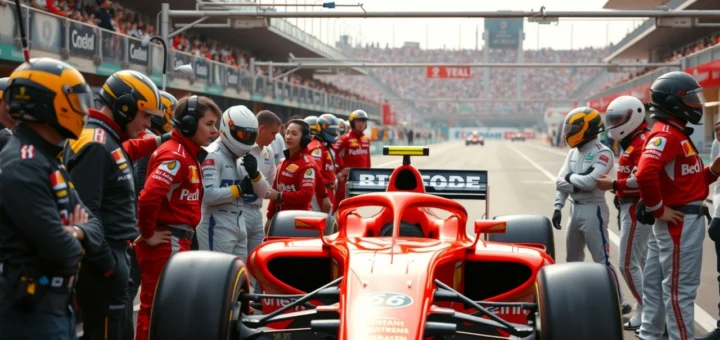 Une équipe de Formule 1 diversifiée lors d'un arrêt au stand, mettant en évidence la collaboration entre membres de différentes cultures.