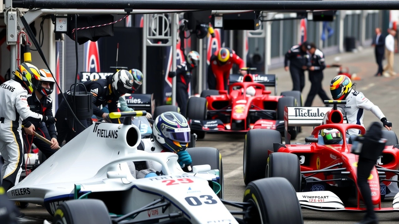 équipes de Formule 1 diversifiées en action dans les stands