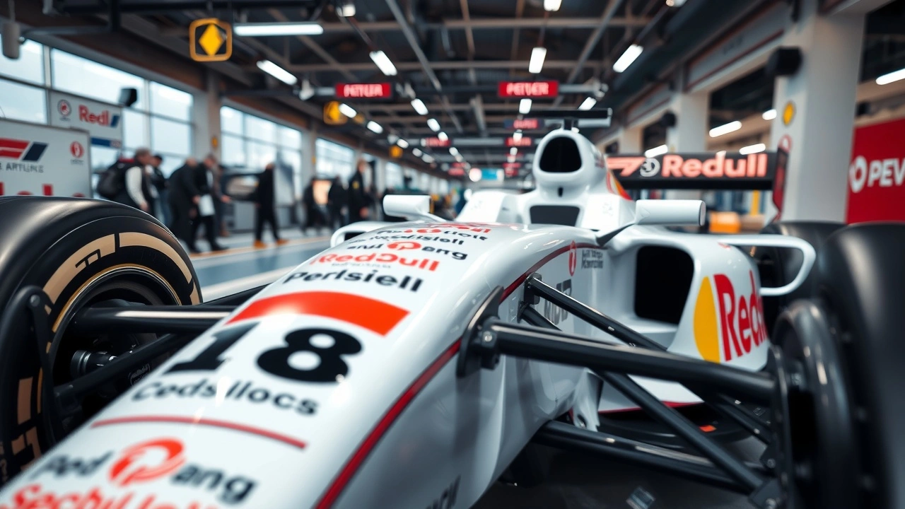 voiture de Formule 1 avec logos de sponsors en pit stop