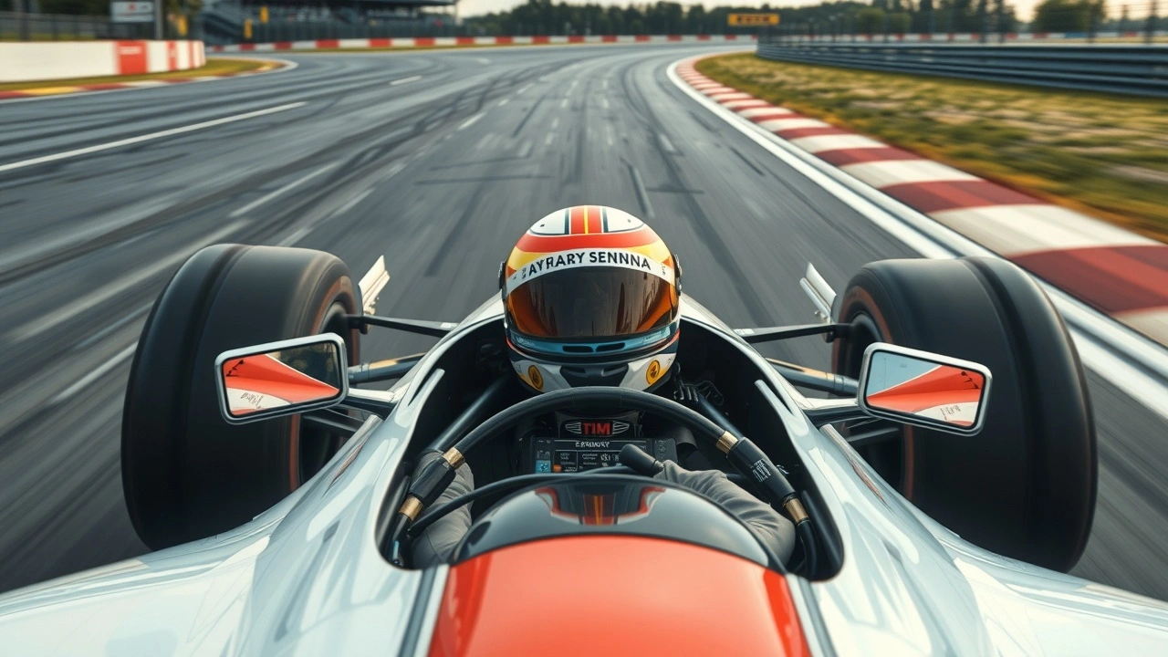 voiture de Formule 1 sur la piste avec casque de Senna