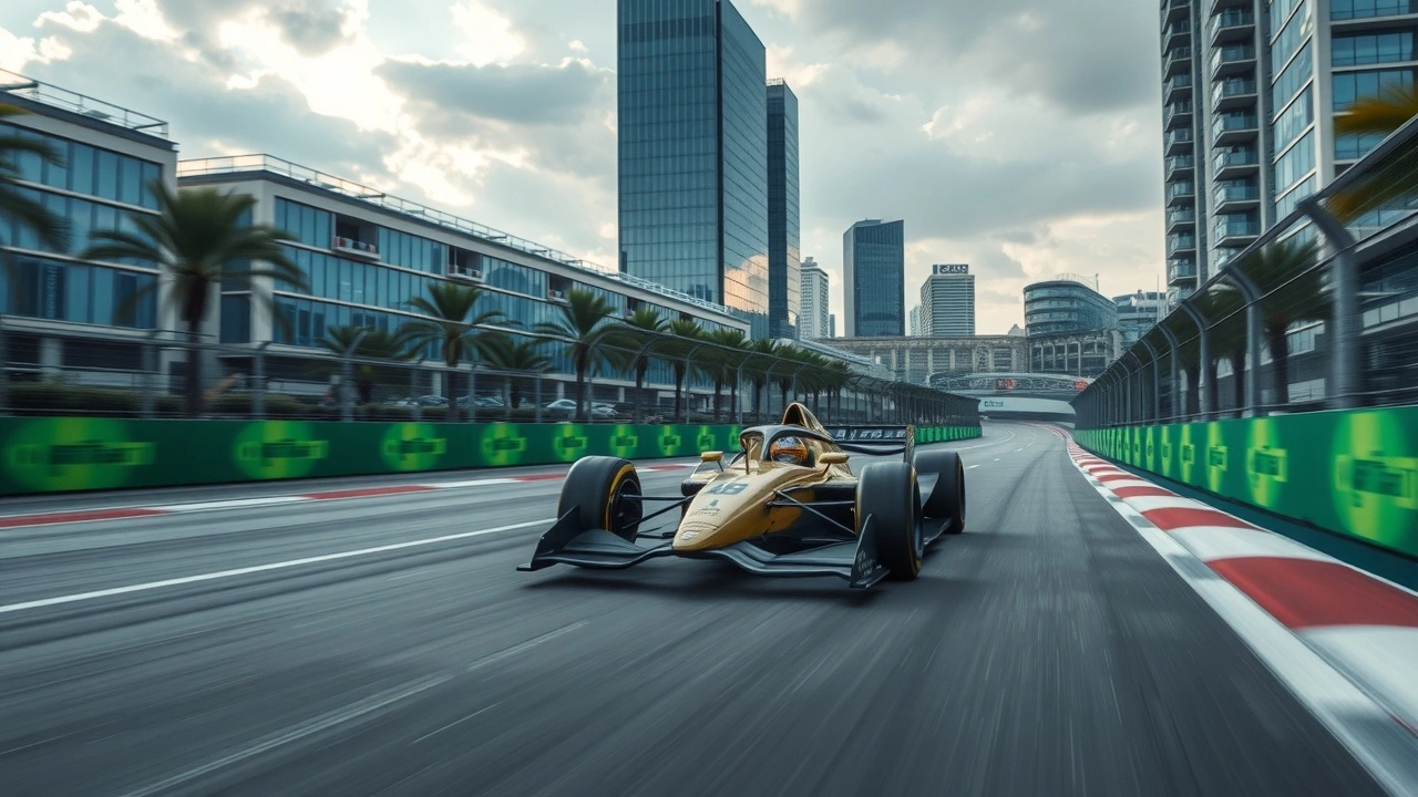 voiture de formule e sur circuit urbain avec vegetations