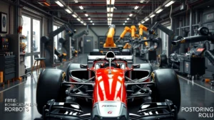 Une illustration photoréaliste de l'assemblage moderne d'une voiture de F1 avec des robots.