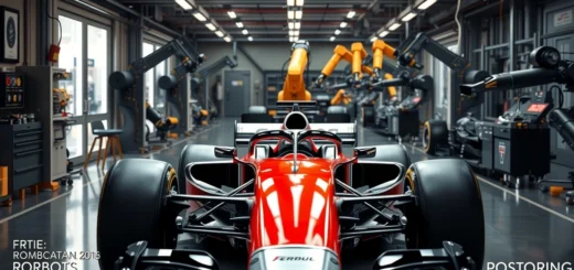 Une illustration photoréaliste de l'assemblage moderne d'une voiture de F1 avec des robots.