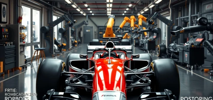 Une illustration photoréaliste de l'assemblage moderne d'une voiture de F1 avec des robots.