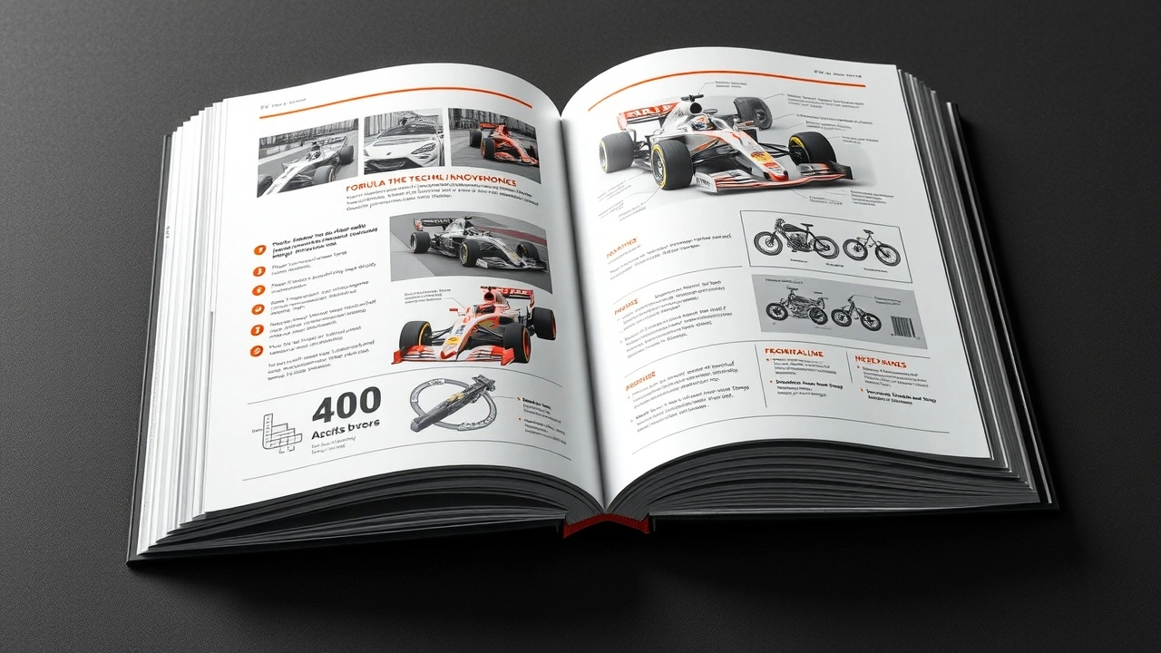 livre ouvert avec illustrations sur la technologie de la formule 1