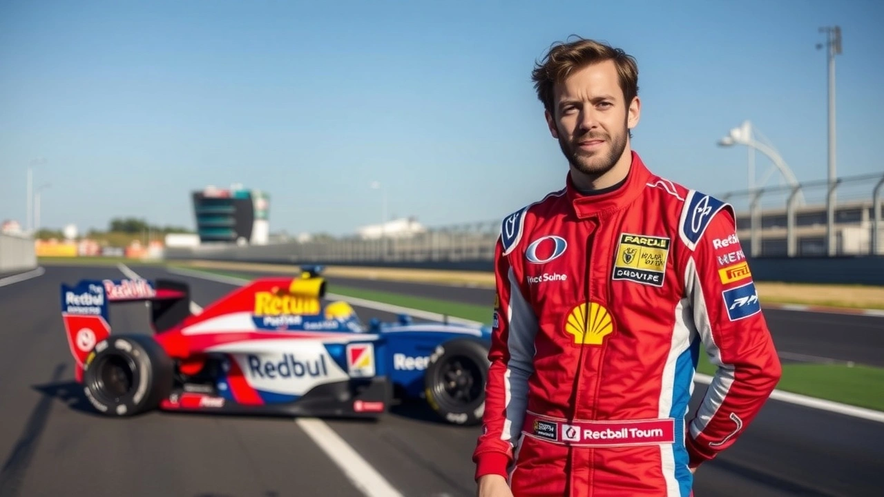 Nicolas Prost en combinaison de pilote devant une voiture de course