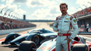 Portrait de Nicolas Prost sur une piste de course, évoquant l'héritage de son père.
