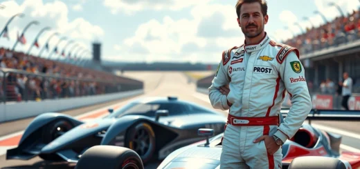 Portrait de Nicolas Prost sur une piste de course, évoquant l'héritage de son père.