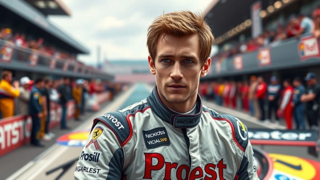 Un portrait photoréaliste de Nicolas Prost comme pilote de course, illustrant son défi de se forger une légende.