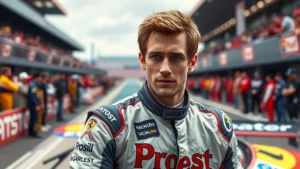Un portrait photoréaliste de Nicolas Prost comme pilote de course, illustrant son défi de se forger une légende.