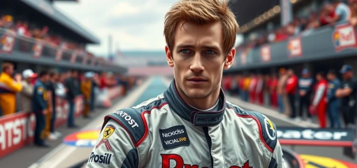 Un portrait photoréaliste de Nicolas Prost comme pilote de course, illustrant son défi de se forger une légende.