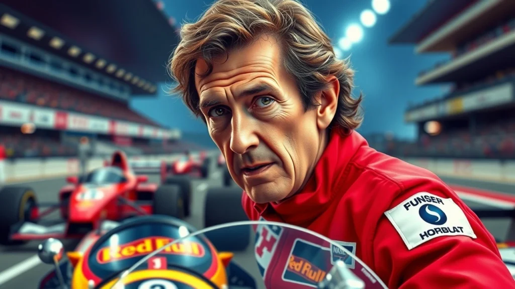 Portrait photorealiste d'Alain Prost évoquant les valeurs du sport automobile.
