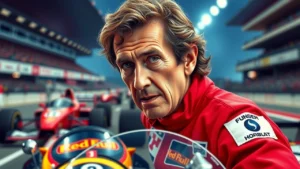 Portrait photorealiste d'Alain Prost évoquant les valeurs du sport automobile.