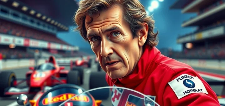 Portrait photorealiste d'Alain Prost évoquant les valeurs du sport automobile.