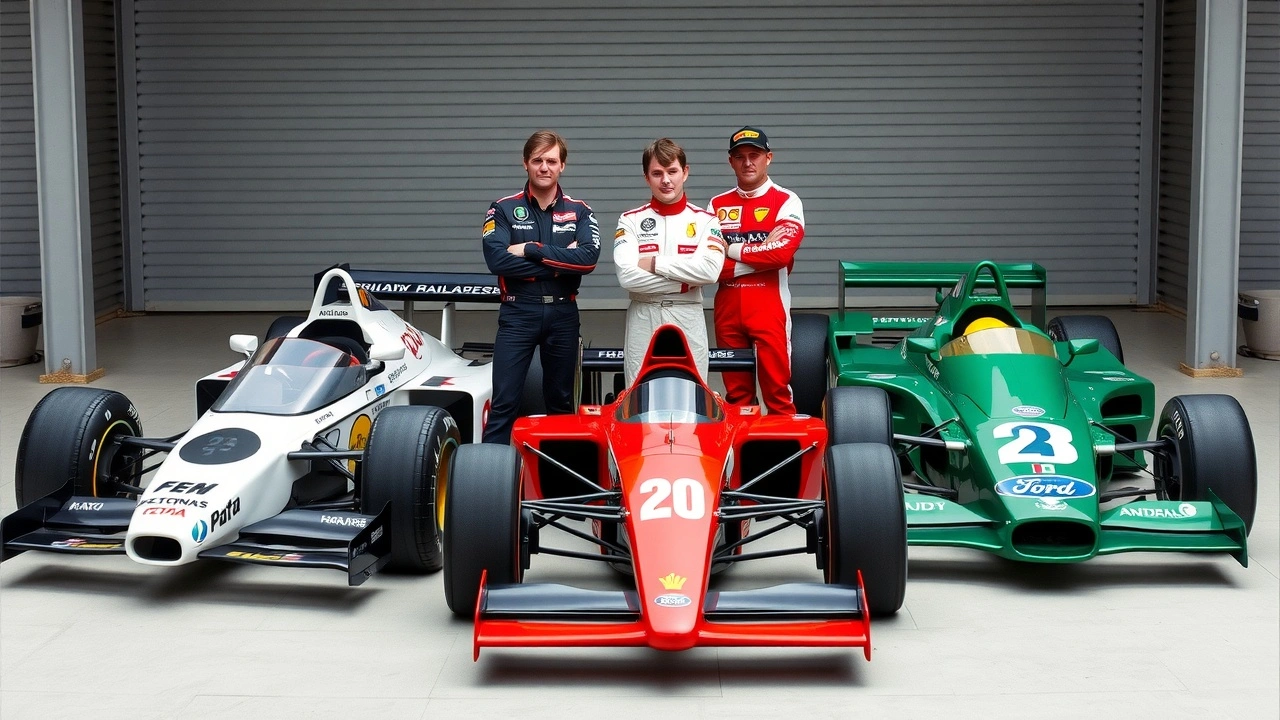 portrait de pilotes de Formule 1 légendaires avec voitures