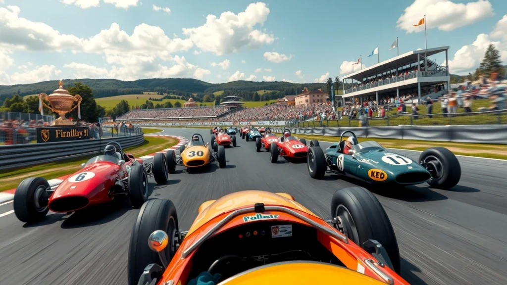 Scène de course de Formule 1 avec des voitures vintage et un circuit pittoresque.