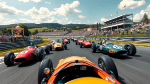 Scène de course de Formule 1 avec des voitures vintage et un circuit pittoresque.
