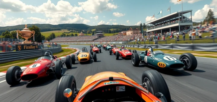 Scène de course de Formule 1 avec des voitures vintage et un circuit pittoresque.